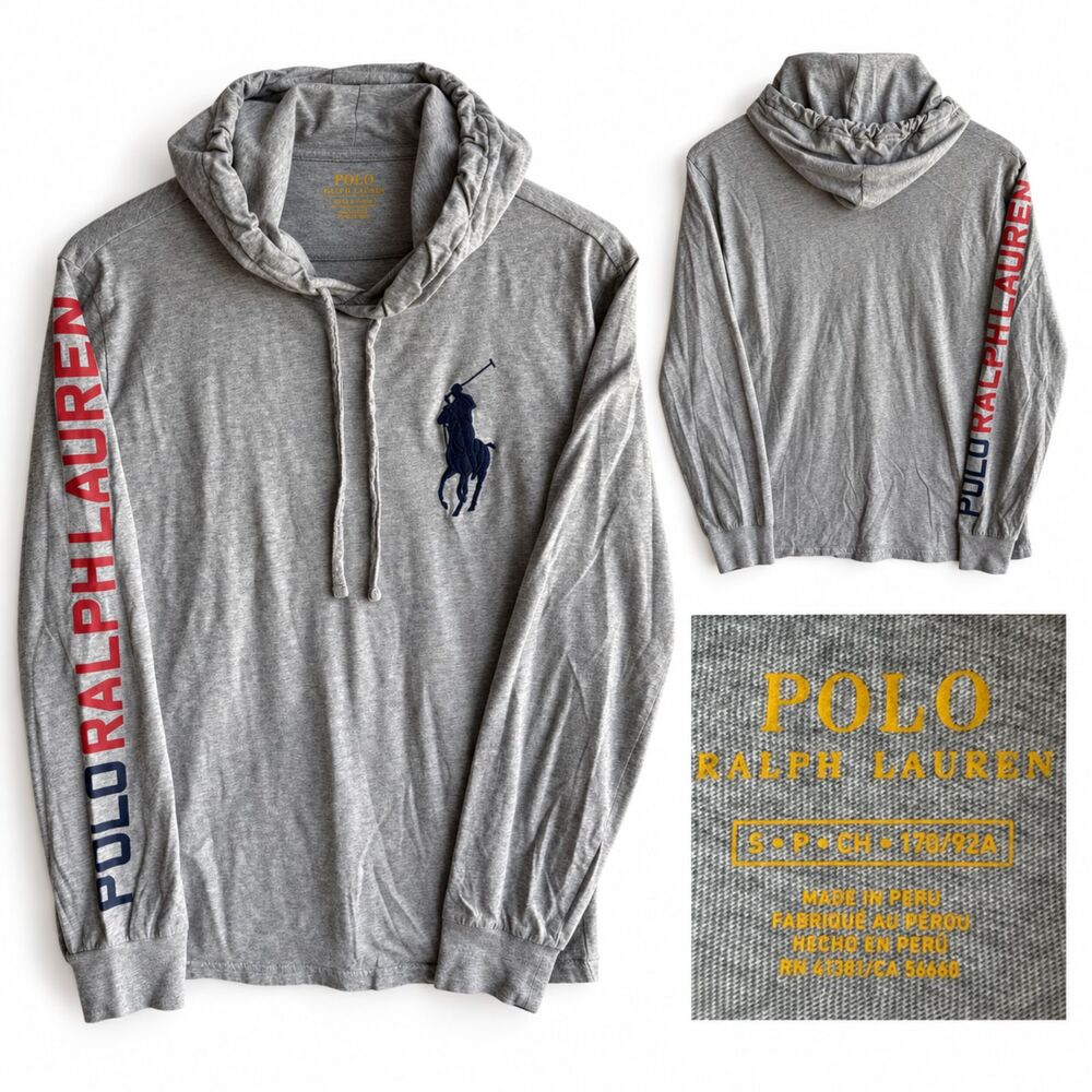 Polo Ralph Lauren Hoodie Shirt Men Small Gray Big Pony Logo Spellout Long Sleeve